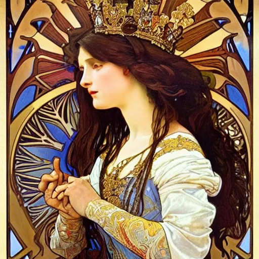 Prompt: realistic detailed face portrait of a beautiful Renaissance princess with flowing hair by Alphonse Mucha, Greg Hildebrandt, and Mark Brooks, gilded details, spirals, Neo-Gothic, gothic, Art Nouveau, ornate medieval religious icon