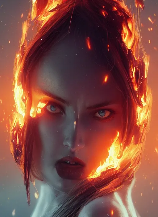 Image similar to evil pretty blond girl demon spawn surrounded by fire tornadoes, flawless symmetrical pretty cute face, ana de armas, greg rutkowski, 8 k, shallow depth of field, intricate detail, concept art,