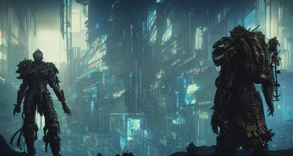 Image similar to cyberpunk gladiator, cinematic, highly detailed, octane render, cg, rich cinematic atmosphere, perfect digital art, mystical journey in strange world, Mystical, cyberpunk, tech war, sci-fi, surreal, glowing lights, sharp focus, high detailed, by Akihiko Yoshida, michael whelan and Karol Bak - H 1024