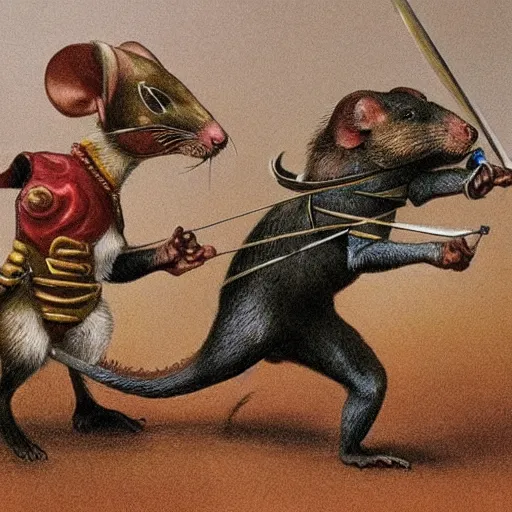 Prompt: mouse warrior armour clad fighting an evil weasel