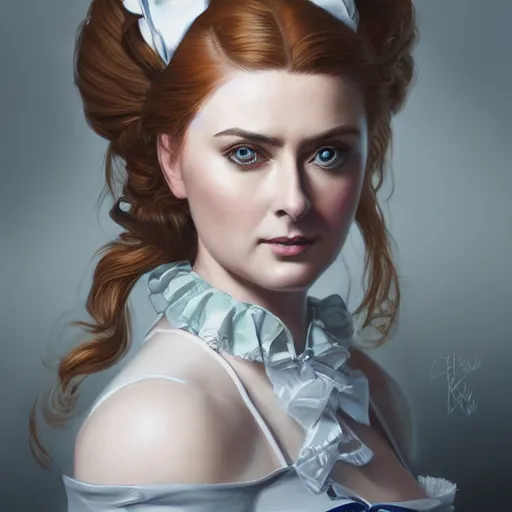 Prompt: a portrait of alexandra breckenridge as a french maid, urban motifs, intricate, elegant, highly detailed, digital painting, trending on artstation, concept art, smooth sharp focus, illustration, art by artgerm and greg rutkowski