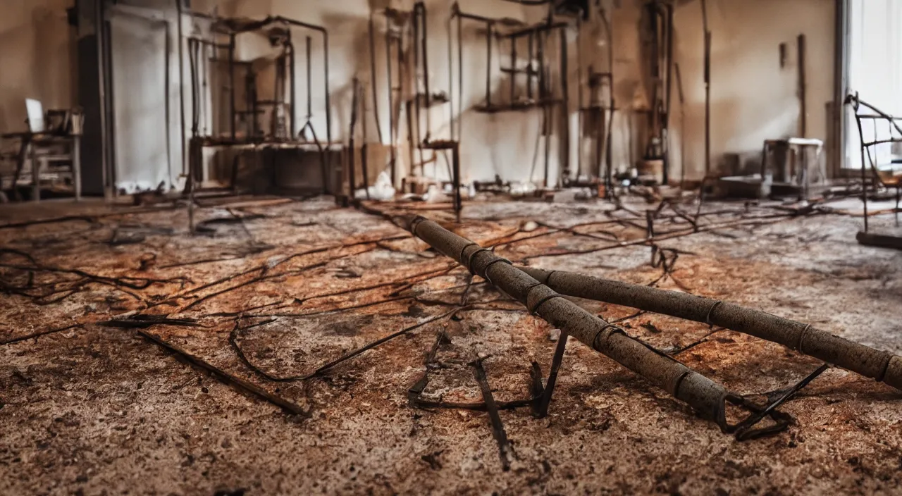 Prompt: radioactive rusty piece of iron rebar rod in the living room 5 5 mm photography footage