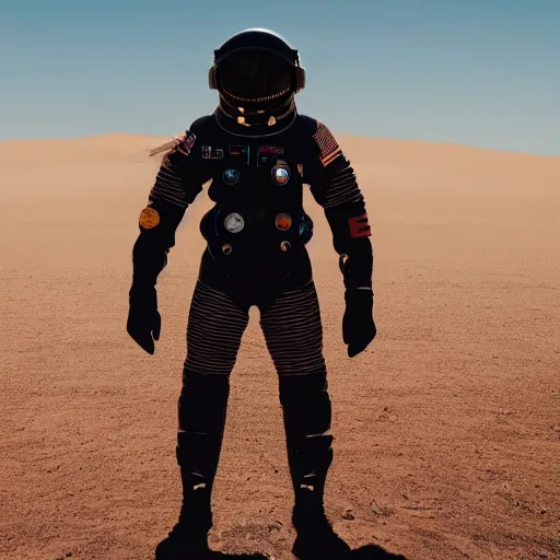 Image similar to a movie still of a spaceman in a futuristic black space suit on a desert planet