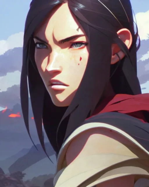 Prompt: azctec warrior, megan fox, detailed perfect face, exquisite details, fire magic, mid view, by studio muti, greg rutkowski makoto shinkai takashi takeuchi studio ghibli