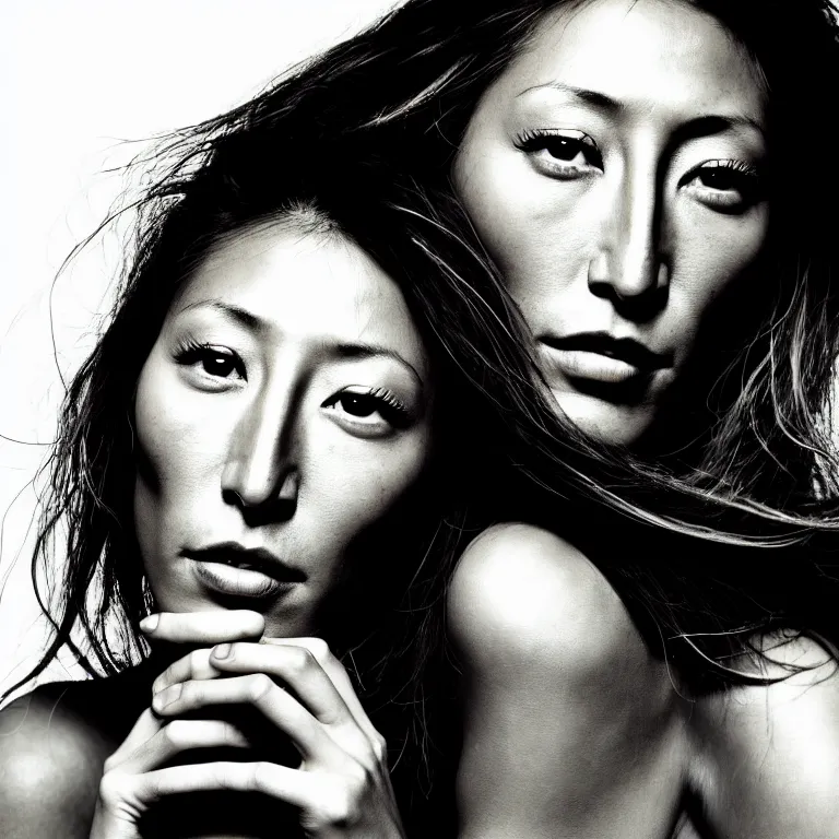 Image similar to photography face portrait on a tropical wallpaper background of a beautiful woman like dichen lachman, black and white photography portrait, skin grain detail, high fashion, studio lighting film noir style photography, by richard avedon, and paolo roversi, nick knight, hellmut newton,