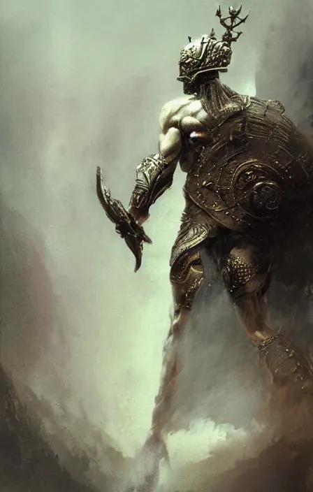 Image similar to zeus god concept, wearing thunder armor, greek ornamented armor, beksinski, ruan jia, weta workshop concept art