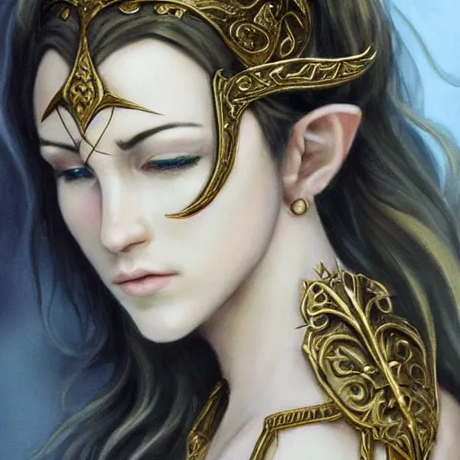 Prompt: side portrait!!! of a female elven warrior, fantasy, head tilted down, hair in the wind, gold armour, gold jewelry, white skin, detailed face!!!!!, trending on artstation, gsociety, D&D, elegant, symmetrical facial features, highly detailed, sophisticated, hyperrealistic, detailed painting, smooth, sharp focus, upper body, intricate, rule of thirds, holy glow, backlit, hd 4k by Greg Rutkowski, Charlie Bowater, Karol Bak