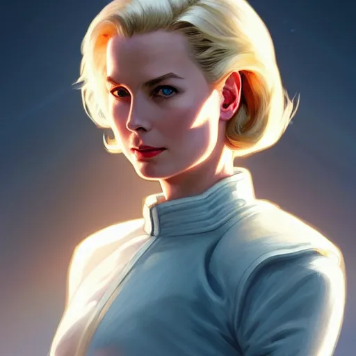 Prompt: Grace Kelly as Android 18, western, D&D, fantasy, intricate, elegant, highly detailed, digital painting, artstation, concept art, matte, sharp focus, illustration, art by Artgerm and Greg Rutkowski and Alphonse Mucha