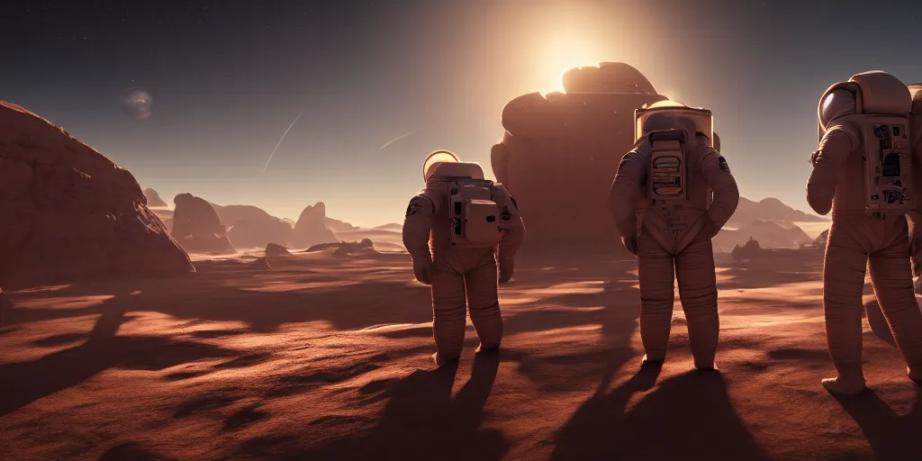 Prompt: 3 astronaut on a brown atmospheric planet, cinematic lighting, hyperdetailed, 8 k realistic, symmetrical, global illumination, radiant light, love and mercy, frostbite 3 engine, cryengine, doff, trending on artstation, digital art, crepuscular ray