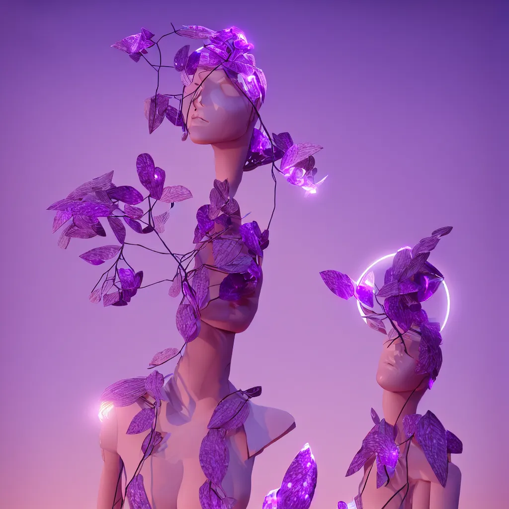 Image similar to beautiful mannequin sculpted out of amethyst by billelis + lit with 3 d geometric neon + facing a doorway opening with neon pink geometric fractal light + flowering hosta plants!!!, moon in background!, rule of thirds, clean linework, dramatic, award winning, 4 k, trending on artstation, photorealistic, volumetric lighting, octane render