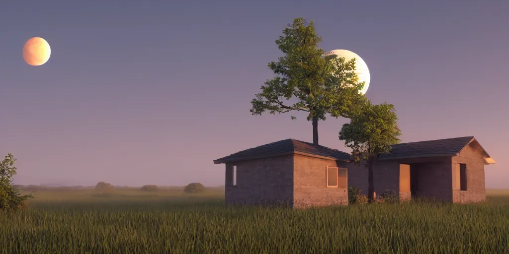 Prompt: a serene landscape with a singular building at sunrise with a big jupiter appearing in the sky, digital art, concept art, octane render, unreal engine 5, hyperrealistic, highly detailed, high quality, 4K, low contrast, soft lighting, path tracing, complementary colors, natural lighting, geometric