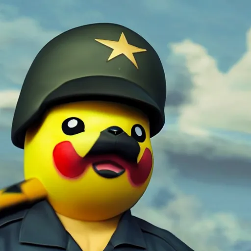 Image similar to pikachu in ww 2 uniform and a mustache, fighting in world war 2, photorealistic, high detail, sharp focus, smooth edges, dramatic, sky on fire with dogfights in the sky.