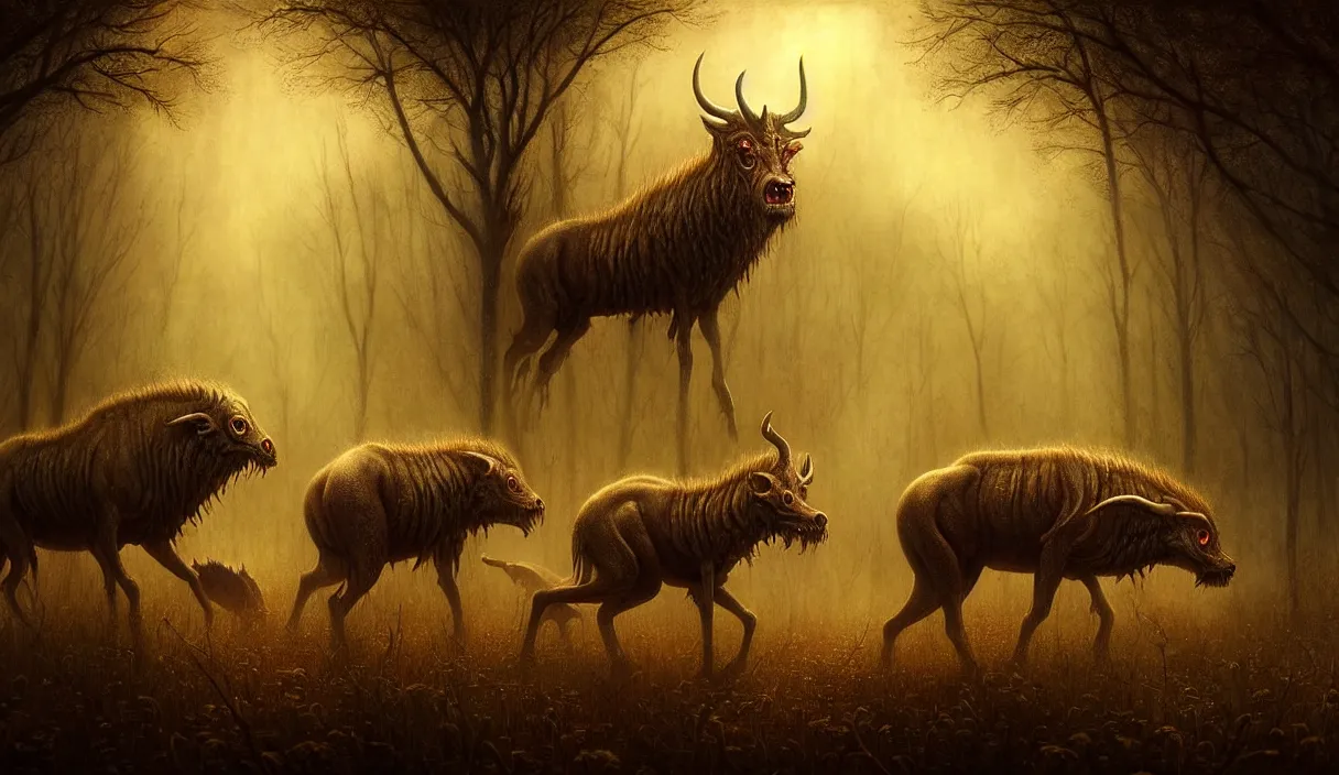 Image similar to epic professional digital art of hungry eyes, ambient golden light, painted, mysterious, cinematic prairie terrifying animals scene, eerie, mythic, detailed, intricate, grand, leesha hannigan, wayne haag, reyna rochin, ignacio fernandez rios, mark ryden, van herpen, artstation, cgsociety, epic, stunning, gorgeous, wow wow detail