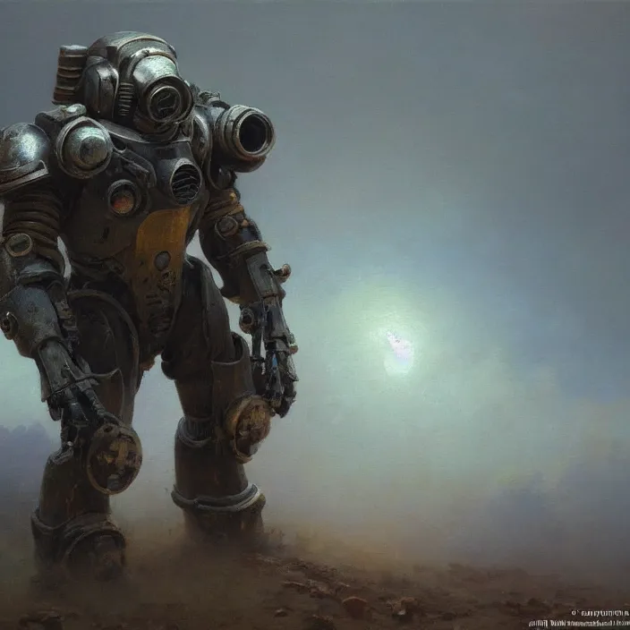 Image similar to a beautiful oil painting of a t - 5 1 power armor, fallout, fallout 4 by ivan aivazovsky and greg rutkowski and james gurney and frank lloyd and sung choi and monet, in style of impressionnisme. hyper detailed, sharp focus, soft light. unreal engine 5 lumen. ray tracing. trending on artstation. oil on canvas