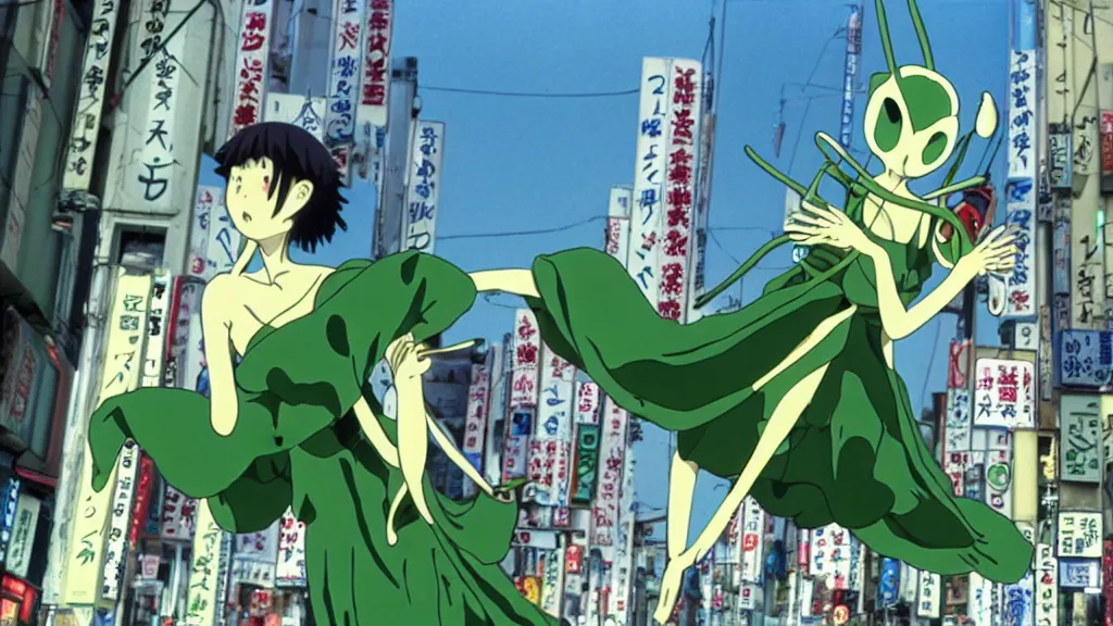 Image similar to a woman wearing a green dress and a praying mantis mask flying in the air in the streets of Tokyo with two swords, anime film still from the an anime directed by Katsuhiro Otomo with art direction by Salvador Dalí, wide lens