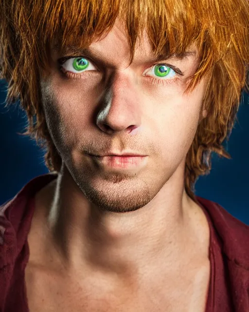 Prompt: dramatically - lit closeup portrait photograph of shaggy from the scooby - doo live - action film ( 2 0 0 2 ), sharp details, vignette, high saturation, smooth textured skin, subsurface scattering, photograph by mark mann and martin schoeller, 4 k, soft focus