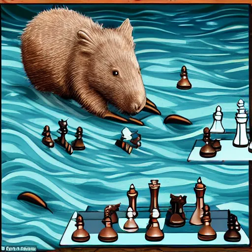 Prompt: wombat playing chess or a raft in stormy seas realistic waves