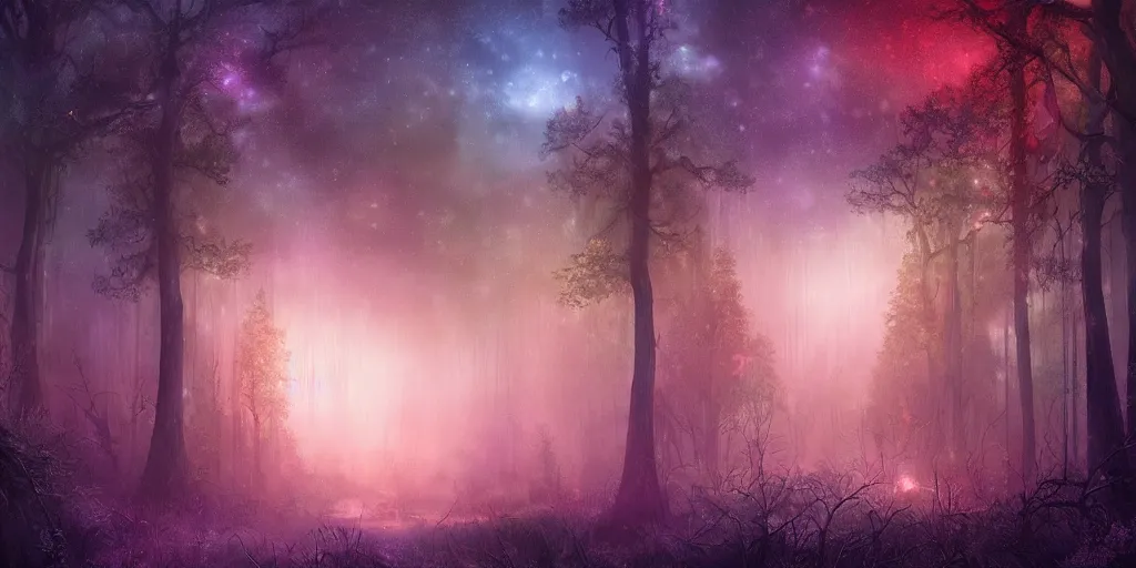 Image similar to beautiful matte painting of a colorful fantasy dark forest at night