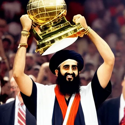 Image similar to photo of osama bin laden lifting larry o'brien trophy