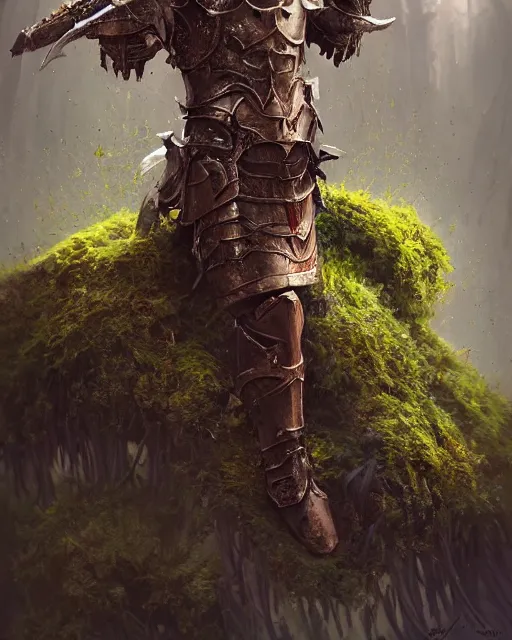 Image similar to An undead medieval knight wearing rusted armor covered in moss, by Stanley Artgerm Lau, WLOP, Rossdraws, James Jean, Andrei Riabovitchev, Marc Simonetti, and Sakimichan, tranding on artstation