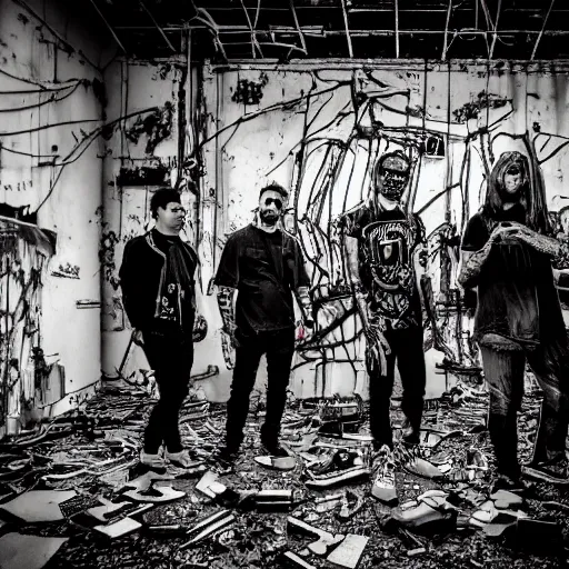 Prompt: tattooed punk band wired to their cybernetic equipment and machines, in interior of abandoned bombed out office building, moody, low light, cinematic