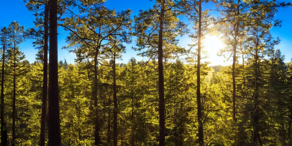 Image similar to view looking out over golden sunlit treetops with bright blue sky overhead, photograph, 4 k