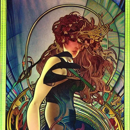 Image similar to incredible digitized fractalizing infinity girl of innocence and macabre intent eyes glowing iridescent volumetric neon by alphonse mucha yoji shinkawa biomorphic trompe l'oeil