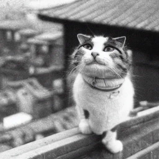 Prompt: 1 9 3 0's photo of cat on a rooftop in japan
