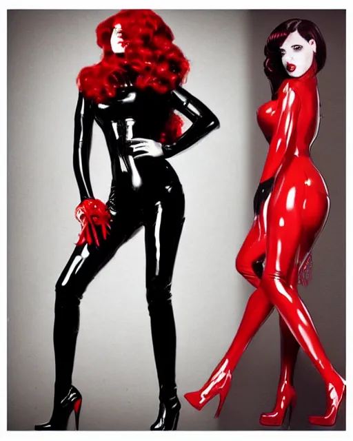 Image similar to Digital painting of a female model posing in a black latex dress, gothic, short red hair, black and red tones, dramatic background