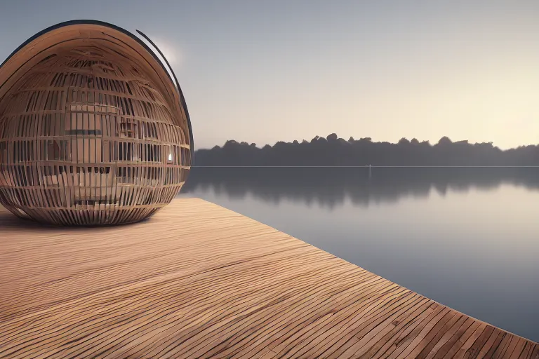 Image similar to 2 0 white round egg shaped buildings are combined to form a post - modern building, by pierre bernard, on the calm lake, people's perspective, future, interior wood, dusk, unreal engine highly rendered, global illumination, radial light, internal environment