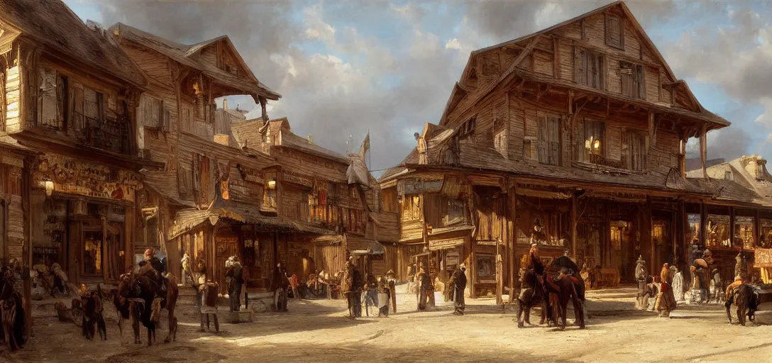 Image similar to from a movie scene, painting of a western saloon exterior in old town, andreas achenbach, cinematic wide shot