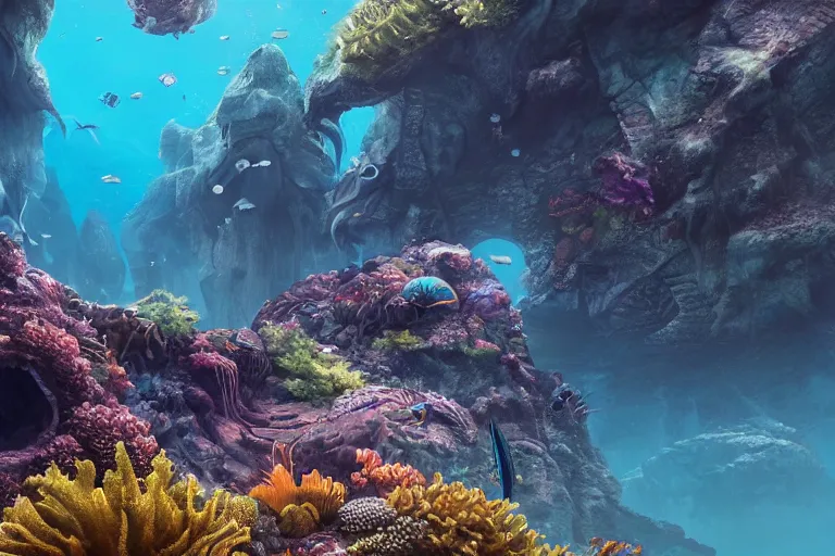 Image similar to dramatic intricate underwater landscape. many fish and crustaceans, intricate subnautica habitat, trending on cgsociety, peaceful atmosphere, natural volumetric lighting, exaggerated detail, wide angle, octane render, raytraced realistic