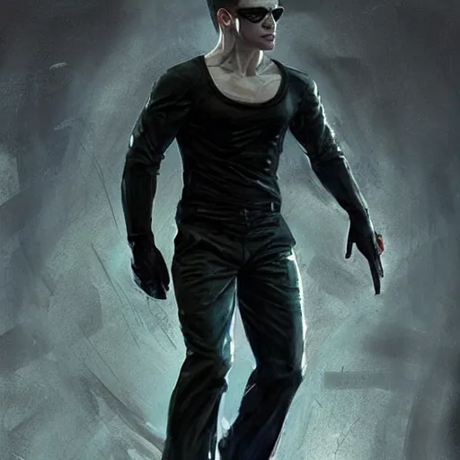 Image similar to anthony starr as wesker, full body, dynamic pose, painted by greg rutkowski