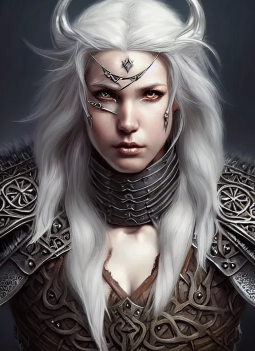 Image similar to barbarian, plated armor!!! long wild white hair!! covered chest!!! fantasy, d & d, intricate ornate details, digital painting, pretty face!!, symmetry, concept art, sharp focus, illustration, art by artgerm! greg rutkowski magali villeneuve wlop! ilya kuvshinov!!, octane render