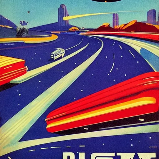 Prompt: a series of highways in outer space with cars on them, 1950s art deco poster, retrofuturism, edward hopper