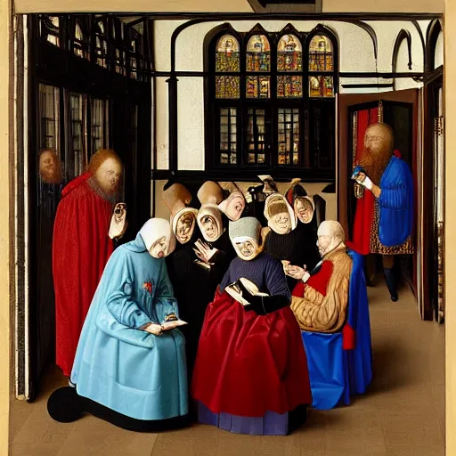 Prompt: A group of people on their smartphones, in the style of Jan van Eyck