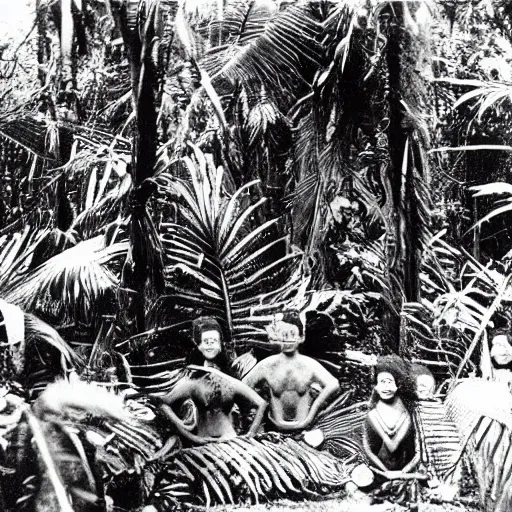 Prompt: lost film footage of a sacred in the middle of the ( ( ( ( ( ( ( ( ( tropical jungle ) ) ) ) ) ) ) ) ) / ethnographic object / tribal / sacred / film still / cinematic / enhanced / 1 9 0 0 s / black and white / grain