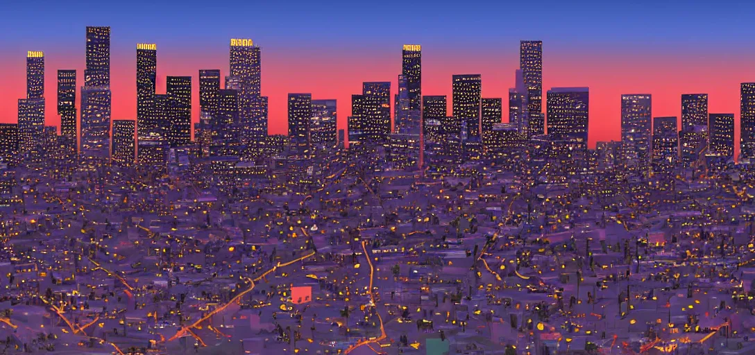 Image similar to visual development of los angeles skyline cityscape at dusk by lou romano, pixar disney dreamworks sony animation