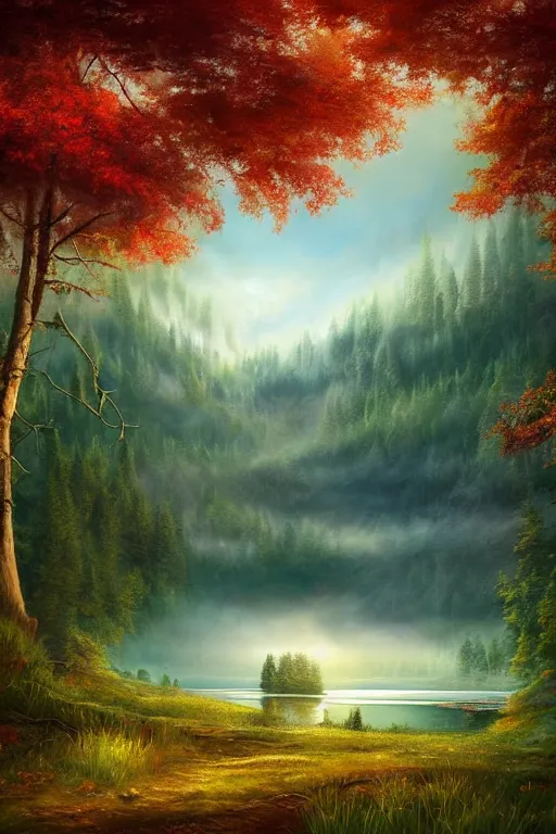 Prompt: beautiful matte painting by magic realism art fantasy path mountains and meadow in the background near a lake reflecting the trees, atmospheric lighting, painted, intricate, volumetric lighting, beautiful, rich deep colors masterpiece, sharp focus, ultra detailed by
