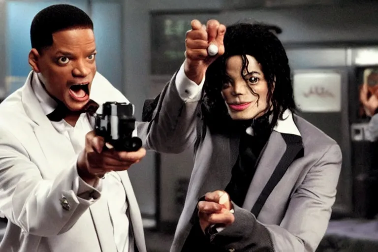 Image similar to michael jackson and will smith pointing the neuralyzer at men in black 3 iii