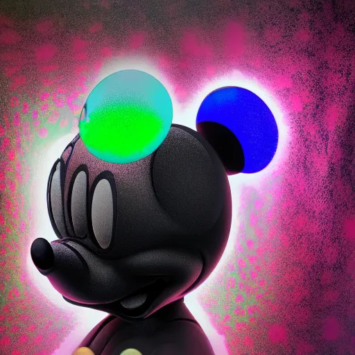 Prompt: counterfeit mickey mouse head, fractal, broken, psychedelic, wet, mycelium, radiant alien, rococo, baroque, automotive, bio-mechanical, porcelain, iridescent, sub surface scattering, octane render