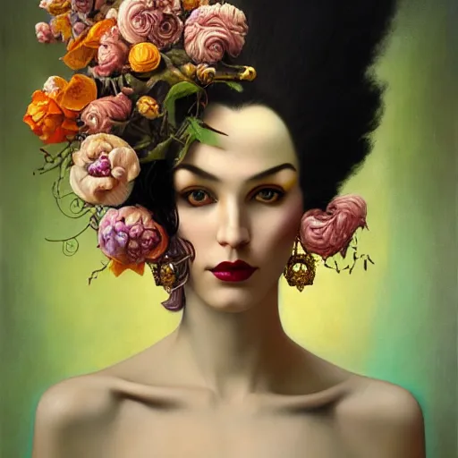 Image similar to dynamic composition, a painting of a woman with hair of flowers and raven plummage wearing ornate earrings, a surrealist painting by tom bagshaw and jacek yerga and tamara de lempicka and jesse king, featured on cgsociety, pop surrealism, surrealist, dramatic lighting, wiccan, pre - raphaelite, ornate gilded details