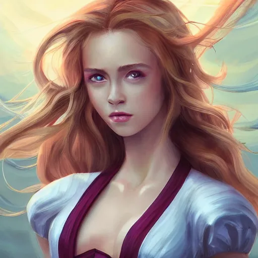 Image similar to epic portrait an beautiful woman wearing sailor outfit short sleeved and standing on a boat, beauty, pretty face, glossy skin, long blonde flowing hair, shiny skin, muscular, digital painting, artstation, concept art, soft light, hdri, smooth, sharp focus, illustration, fantasy, intricate, elegant, highly detailed, D&D, matte painting, in the style of Greg Rutkowski and Alphonse Mucha and artemisia, 8k, highly detailed, jurgens, rutkowski, bouguereau, pastoral, rustic, georgic, detailed concept art, illustration, colorful pastel, painting, detail, ultra detailed, digital art, 4K,