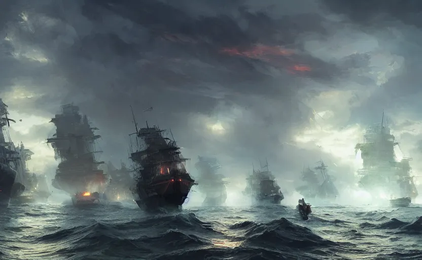 Image similar to Epic naval battle, elegant, volumetric lighting, digital painting, highly detailed, artstation, sharp focus, illustration, concept art, ruan jia, steve mccurry