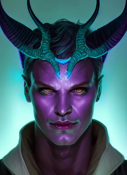 Image similar to symmetry!! portrait of a male purple and teal skinned tiefling with demon horns, glowing lights!! intricate, elegant, highly detailed, digital painting, artstation, concept art, smooth, sharp focus, illustration, art by artgerm and greg rutkowski and alphonse mucha