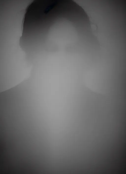 Prompt: a dark female silhouette, glowing translucent aura, fog, film grain