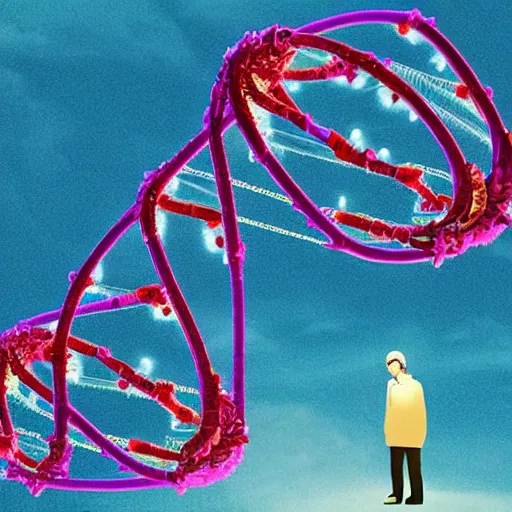 Image similar to in a field, two scientists in lab coats encounter a monster shaped like the DNA double helix, digital art