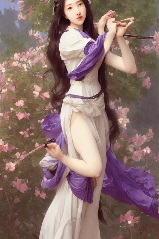 Prompt: Full View lovely maiden with the likeness of Eunha from Viviz and gFriend wearing a purple military uniform and puffy silk shots. masterpiece 4k digital illustration by Ruan Jia and Mandy Jurgens and Artgerm and william-adolphe bouguereau, award winning, Artstation, art nouveau aesthetic, Alphonse Mucha background, intricate details, realistic, panoramic view, Hyperdetailed, 8k resolution, intricate art nouveau