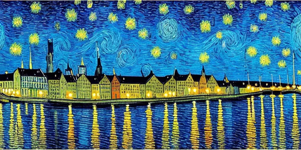 Prompt: a painting of the city of Rostock in the style of Vincent van Gogh, starry night, blue and yellow