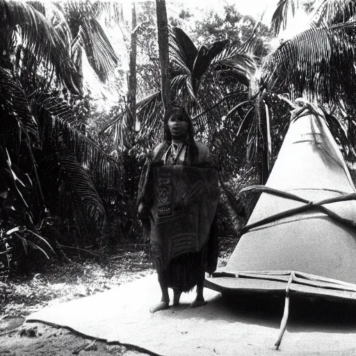 Prompt: lost film footage of a sacred indigenous artifact in the middle of the ( ( ( ( ( ( ( ( ( ( tropical jungle ) ) ) ) ) ) ) ) ) ) / ethnographic object / film still / cinematic / enhanced / 1 9 0 0 s / black and white / grain